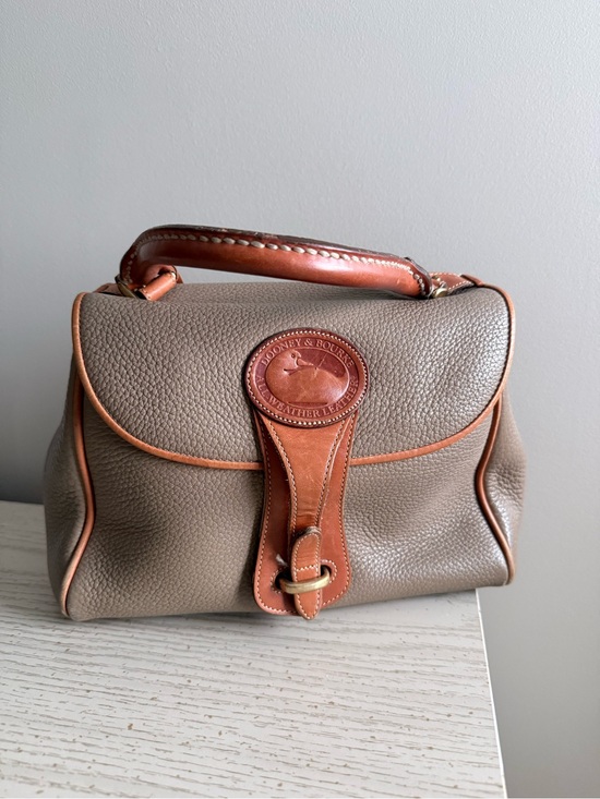 Dooney & Bourke Handbags - Vintage Dooney & Bourke Essex Flap Taupe Pebbled Leather Satchel with Tan Trim